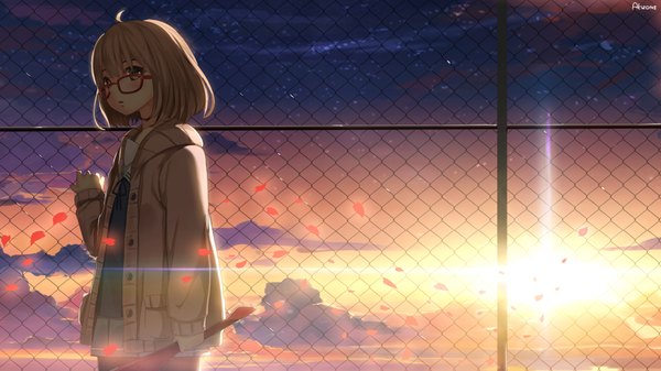 Anime picture 1920x1080 with kyoukai no kanata kyoto animation kuriyama mirai akizone single blush highres short hair blonde hair wide image brown eyes sky cloud (clouds) sunlight evening sunset girl skirt uniform weapon