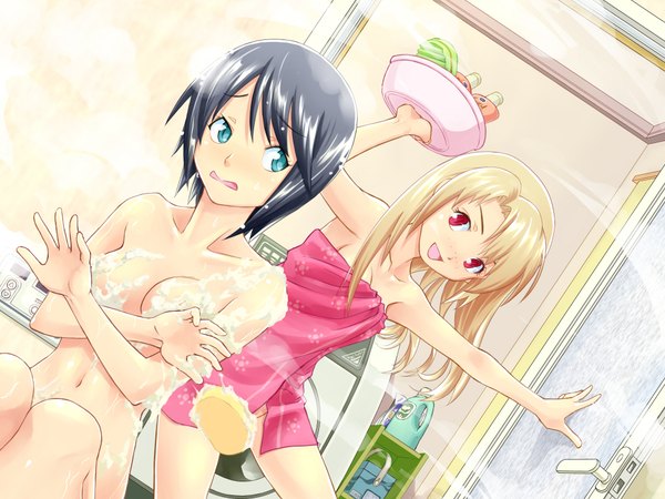 Anime picture 2000x1500 with idolmaster idolmaster cinderella girls idolmaster dearly stars mizutani eri suzuki ayane tagme (artist) long hair highres short hair light erotic black hair blonde hair red eyes multiple girls aqua eyes naked towel girl 2 girls towel