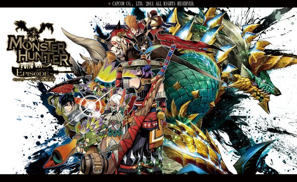 Anime picture 1200x737 with monster hunter monster hunter portable 3rd capcom felyne barioth (armor) zinogre yukumo (armor) khezu (armor) rathian (armor) diablos (armor) qurupeco (armor) fuse ryuuta long hair fringe short hair open mouth black hair blonde hair smile brown hair