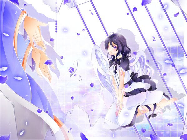 Anime picture 2000x1500 with original m-1ng long hair highres purple eyes purple hair maid angel wings girl petals