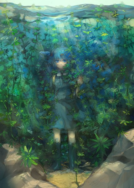 Anime picture 1224x1716 with touhou kawashiro nitori hachimillion single tall image short hair blue eyes smile twintails blue hair underwater girl dress animal water boots fish (fishes) backpack rubber boots