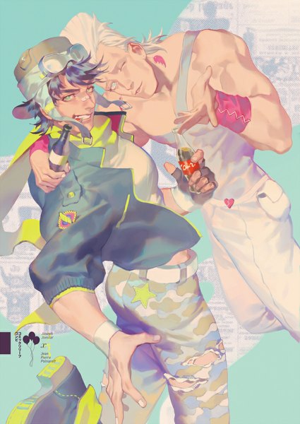 Anime picture 700x989 with jojo no kimyou na bouken joseph joestar (young) jean pierre polnareff coralstone tall image looking at viewer short hair black hair smile bare shoulders white hair one eye closed wink open jacket multiple boys character names torn clothes goggles on head bandaid on nose camouflage