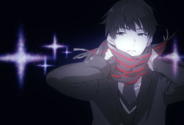 Anime picture 1000x681 with kyoukai no kanata kyoto animation nase hiroomi jumping dogeza single fringe short hair black hair simple background looking away black eyes sparkle black background boy uniform school uniform scarf striped scarf