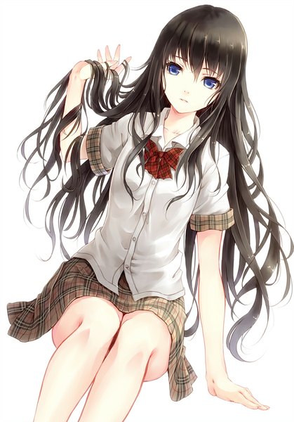 Anime picture 629x900 with original paseri single long hair tall image looking at viewer fringe breasts blue eyes black hair simple background hair between eyes white background sitting arm support dutch angle adjusting hair girl uniform school uniform