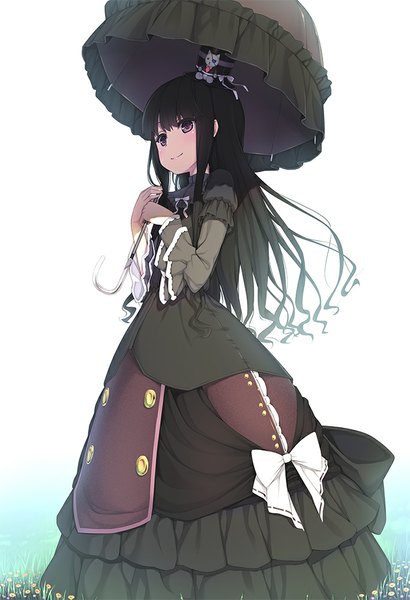 Anime picture 684x1000 with original peragura single long hair tall image looking at viewer blush black hair simple background smile white background purple eyes lolita fashion goth-loli girl dress flower (flowers) bow hat frills