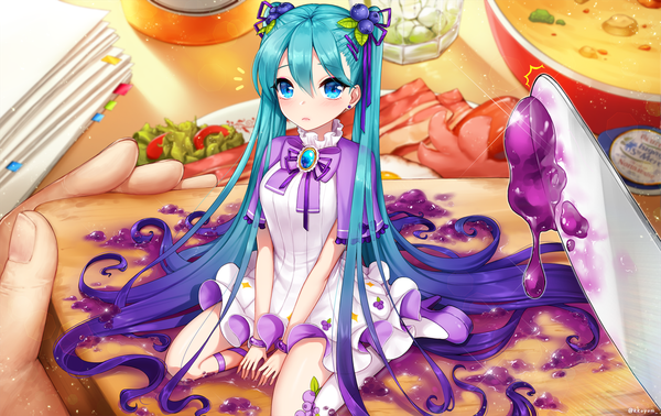 Anime picture 1800x1135 with vocaloid hatsune miku ango single looking at viewer blush fringe highres blue eyes hair between eyes sitting twintails holding signed purple hair very long hair multicolored hair fingernails aqua hair two-tone hair