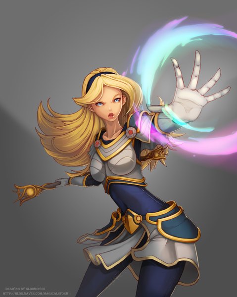 Anime picture 1400x1754 with league of legends lux (league of legends) gloomines (evolvis) single long hair tall image blue eyes simple background blonde hair magic girl hairband staff clothes