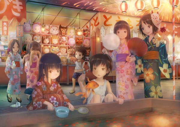 Anime picture 1684x1191 with original taka (tsmix) short hair brown hair multiple girls purple hair japanese clothes multiple boys group squat crying mask on head fireworks festival girl boy flower (flowers) shorts mask t-shirt