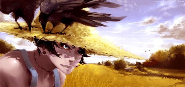 Anime picture 1214x571 with original mellolover single short hair black hair wide image cloud (clouds) aqua eyes scar field horror boy plant (plants) hat earrings animal tree (trees) bird (birds) straw hat house