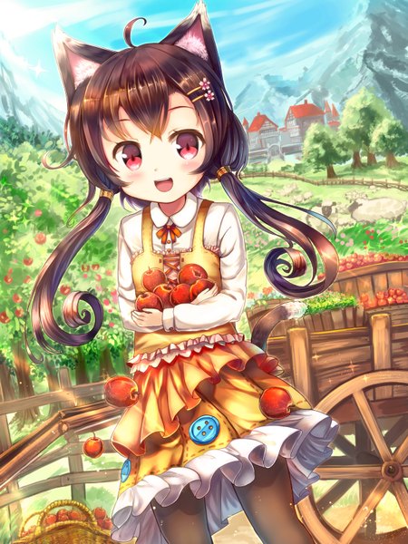 Anime picture 2400x3200 with original sakura ani single long hair tall image looking at viewer blush highres open mouth red eyes brown hair twintails animal ears tail animal tail cat ears cat girl cat tail mountain girl