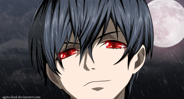 Anime picture 1000x543 with kuroshitsuji a-1 pictures ciel phantomhive aagito single short hair black hair red eyes wide image signed coloring close-up rain face boy moon full moon