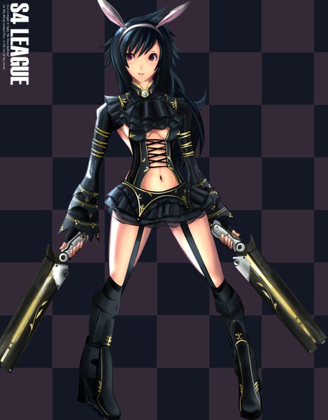 Anime picture 1271x1624 with s4 league edward montenegro single long hair tall image looking at viewer black hair purple eyes animal ears long sleeves midriff girl navel weapon boots gun