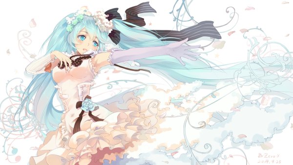 Anime picture 2880x1620 with vocaloid hatsune miku bzerox single blush highres open mouth wide image twintails signed looking away very long hair hair flower aqua eyes aqua hair singing girl dress hair ornament flower (flowers)