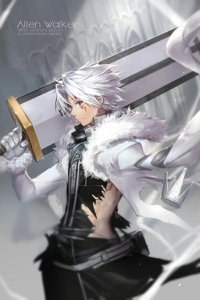 Anime picture 709x1063 with d.gray-man allen walker swd3e2 single tall image fringe short hair holding looking away white hair profile arm up character names torn clothes muscle serious boy gloves weapon white gloves