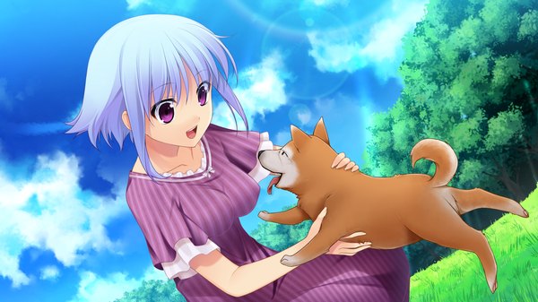 Anime picture 1280x720 with chuning lover eru alfred koso single short hair open mouth wide image purple eyes blue hair game cg girl dress dog