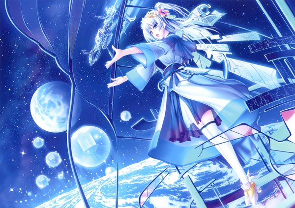 Anime picture 4600x3249 with original eshi 100-nin ten tenmaso single long hair highres open mouth blue eyes absurdres white hair space mechanical wings girl thighhighs dress hair ornament white thighhighs planet