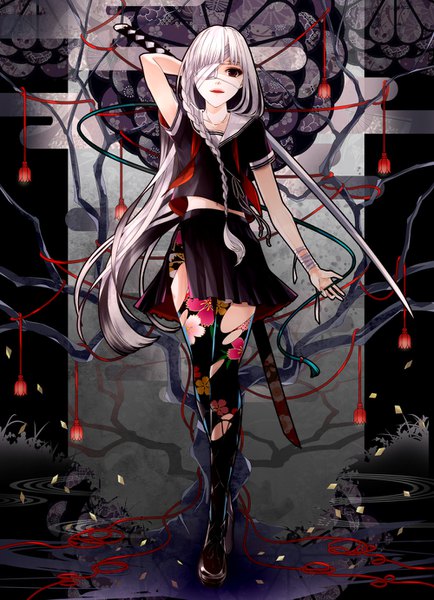 Anime picture 1000x1381 with original tamahagane gakuen touransai na (sodium) single long hair tall image looking at viewer fringe standing holding brown eyes payot silver hair full body blunt bangs braid (braids) parted lips pleated skirt arm up light smile