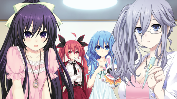 Anime picture 1280x720 with date a live yatogami tooka itsuka kotori yoshino (date a live) yoshinon murasame reine tsunako long hair looking at viewer blush open mouth blue eyes red eyes wide image purple eyes twintails multiple girls blue hair game cg cleavage