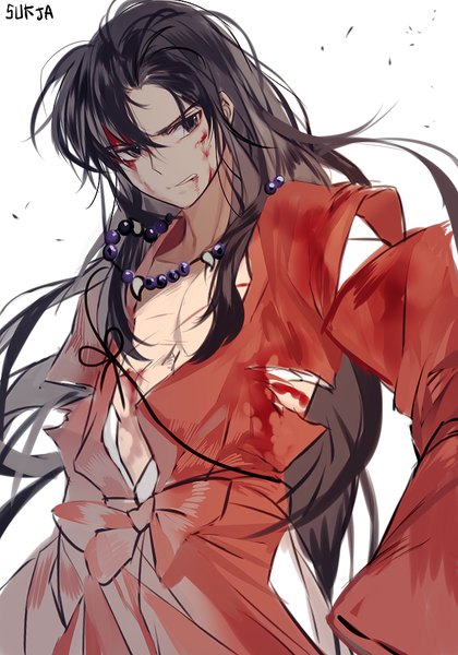 Anime picture 700x1000 with inuyasha inuyasha (character) inuyasha (human form) sorolp single long hair tall image open mouth black hair simple background white background long sleeves traditional clothes japanese clothes black eyes blood on face injury boy kimono blood