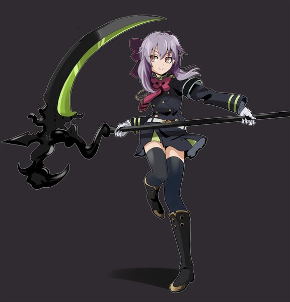 Anime picture 1761x1832 with owari no seraph wit studio hiiragi shinoa okuba single long hair tall image fringe highres simple background smile standing holding brown eyes looking away purple hair black background standing on one leg girl thighhighs