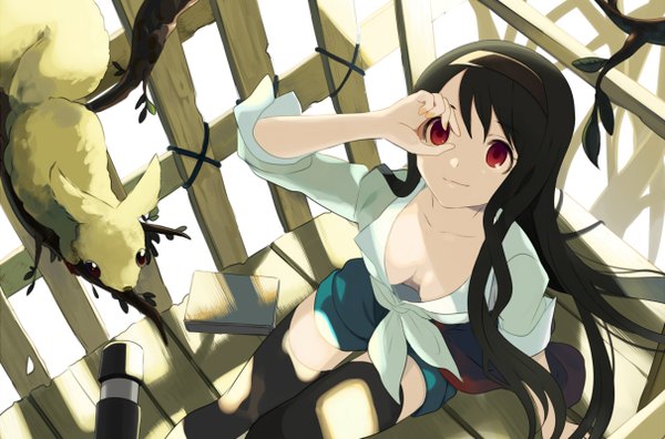Anime picture 1212x800 with original harano single long hair looking at viewer fringe breasts light erotic black hair smile red eyes sitting cleavage sunlight looking up sunbeam hand on face girl thighhighs ribbon (ribbons)