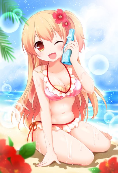 Anime picture 858x1257 with original ringo yuyu single long hair tall image looking at viewer blush open mouth light erotic red eyes cleavage one eye closed hair flower wink orange hair girl hair ornament flower (flowers) swimsuit bikini