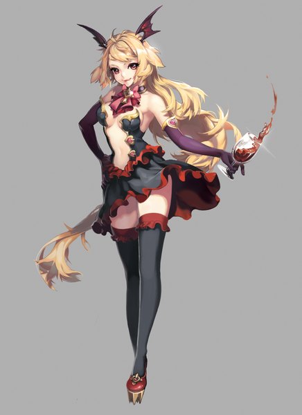 Anime picture 1600x2200 with original hyeona single long hair tall image looking at viewer light erotic blonde hair simple background brown eyes light smile head wings girl thighhighs dress gloves black thighhighs wings elbow gloves wine glass