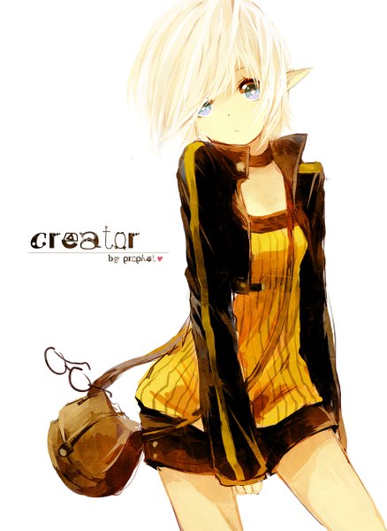 Anime picture 1852x2536 with ragnarok online creator prophet chu single tall image looking at viewer highres short hair blue eyes simple background white background white hair pointy ears open clothes open jacket character names girl glasses jacket bag