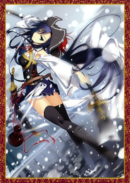 Anime picture 2026x2860 with otome emaki suikoden (artbook) kagome (traumatize) single long hair tall image looking at viewer highres blue eyes standing bare shoulders blue hair pleated skirt wind snowing winter snow skirt lift framed lacing pirate