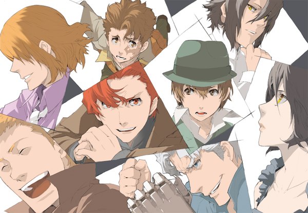 Anime picture 1442x1000 with baccano! chane laforet firo prochainezo claire stanfield jacuzzi splot ladd russo huey laforet tick jefferson elmer albatross enami katsumi brown hair yellow eyes red hair group hat