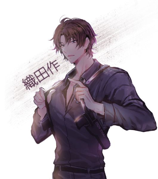 Anime picture 1830x2073 with bungou stray dogs studio bones oda sakunosuke jyun (pixiv14105493) single tall image looking at viewer highres short hair simple background brown hair white background signed upper body black eyes character names partially open clothes boy weapon shirt