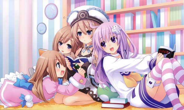 Anime picture 6982x4172 with choujigen game neptune nepgear blanc rom (choujigen game neptune) ram (choujigen game neptune) tsunako long hair blush highres open mouth blue eyes brown hair wide image purple eyes multiple girls absurdres purple hair scan official art girl
