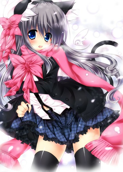 Anime picture 716x1000 with original ojitcha single long hair tall image looking at viewer blush open mouth blue eyes animal ears tail animal tail grey hair cat ears cat girl cat tail girl thighhighs dress skirt