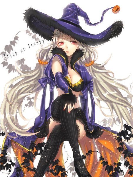 Anime picture 907x1202 with original iria (yumeirokingyo) single long hair tall image looking at viewer red eyes white hair crossed legs halloween witch trick or treat girl thighhighs dress black thighhighs detached sleeves leaf (leaves) witch hat