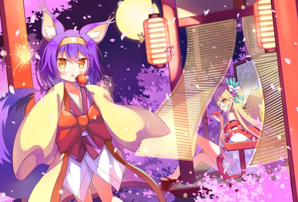 Anime picture 1488x1010 with no game no life madhouse hatsuse izuna miko (no game no life) kinoshita neko long hair looking at viewer short hair open mouth blonde hair sitting bare shoulders multiple girls animal ears purple hair tail traditional clothes japanese clothes animal tail barefoot