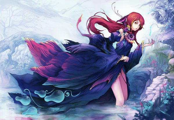 Anime picture 1024x705 with original asuka111 single long hair red eyes red hair fingernails long fingernails nature girl dress flower (flowers) plant (plants) detached sleeves water