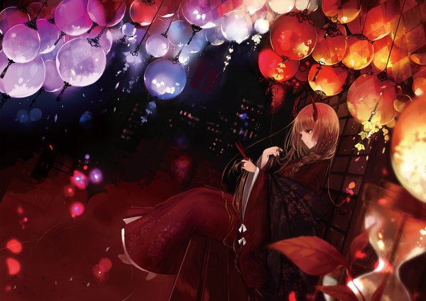 Anime picture 1500x1062 with original ut (apt) single long hair fringe brown hair holding brown eyes looking away bent knee (knees) braid (braids) long sleeves traditional clothes head tilt japanese clothes profile horn (horns) from above night wide sleeves