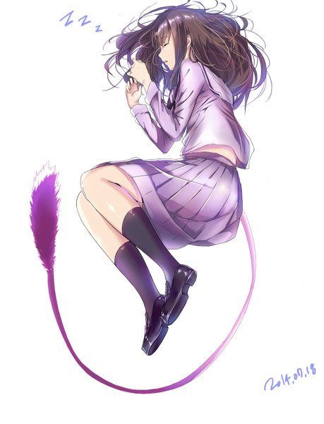Anime picture 1300x1700 with noragami studio bones iki hiyori nieto single long hair tall image fringe simple background brown hair white background tail lying eyes closed pleated skirt on side sleeping embryo's pose girl skirt