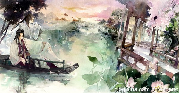 Anime picture 1495x778 with original he he wu long hair black hair wide image sitting traditional clothes inscription cherry blossoms evening chinese clothes sunset boy flower (flowers) plant (plants) tree (trees) bridge lotus hanfu