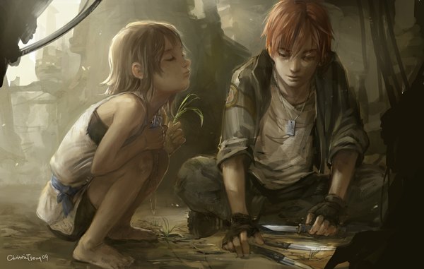 Anime picture 1150x731 with original lychi short hair blonde hair brown hair sitting red hair eyes closed barefoot couple squat girl boy gloves weapon plant (plants) fingerless gloves pendant knife child (children)
