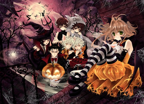 Anime picture 1418x1030 with tsubasa reservoir chronicle xxxholic clamp sakura hime ichihara yuuko syaoran mokona fay d flourite kurogane yuui flourite luleiya animal ears white hair horn (horns) alternate costume halloween cosplay twins witch thighhighs