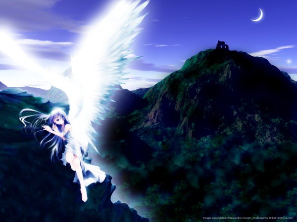 Anime picture 1280x960 with single long hair purple eyes purple hair mountain girl dress wings white dress moon