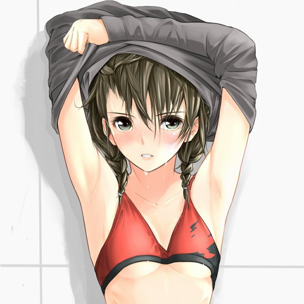 Anime picture 1024x1024 with original giba (out-low) single blush fringe short hair breasts open mouth light erotic green eyes looking away braid (braids) green hair arms up teeth shadow armpit (armpits) sweat twin braids undressing