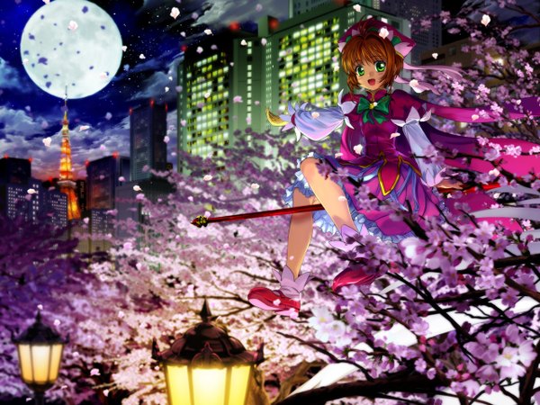 Anime picture 1280x960 with card captor sakura clamp kinomoto sakura mutsuki (moonknives) brown hair green eyes wallpaper cherry blossoms moon full moon tokyo tower