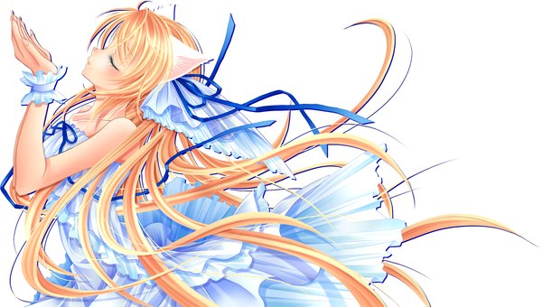 Anime picture 1889x1073 with original midzuki single long hair blush highres blonde hair wide image white background animal ears eyes closed profile cat ears girl dress ribbon (ribbons) frills
