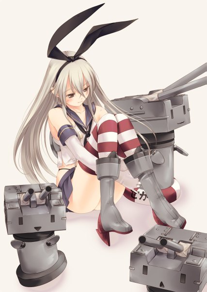Anime picture 855x1200 with kantai collection shimakaze destroyer rensouhou-chan kirishima satoshi single long hair tall image blush light erotic brown eyes white hair girl thighhighs gloves bow weapon hair bow miniskirt elbow gloves boots