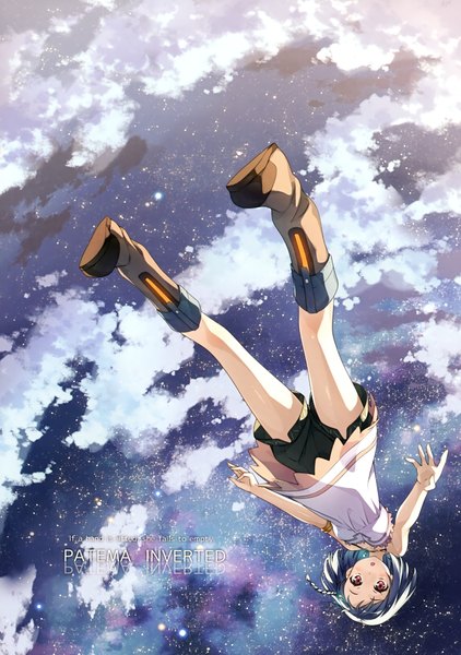 Anime picture 2461x3500 with sakasama no patema patema kantoku tall image looking at viewer highres short hair open mouth brown eyes blue hair sky cloud (clouds) scan upside down girl dress shorts boots sundress