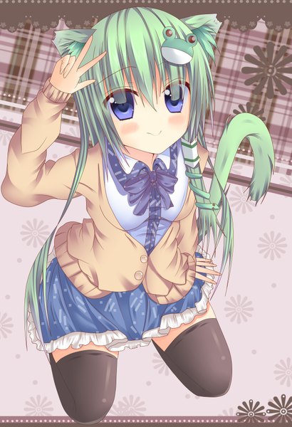 Anime picture 2478x3622 with touhou kochiya sanae kaiba-san long hair tall image blush highres blue eyes animal ears green hair cat ears cat girl cat tail girl thighhighs dress hair ornament black thighhighs hair tubes