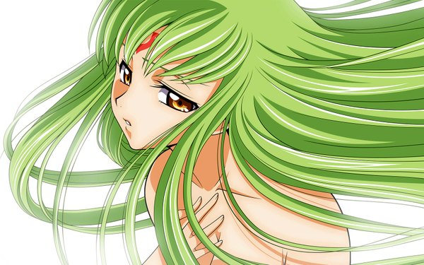 Anime picture 1680x1050 with code geass sunrise (studio) c.c. single long hair looking at viewer fringe wide image white background brown eyes parted lips green hair vector girl