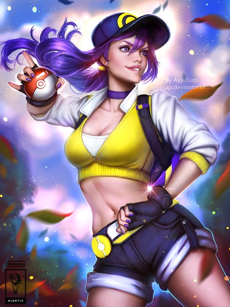 Anime picture 1536x2048 with pokemon pokemon (game) pokemon go nintendo female protagonist (pokemon go) ayyasap single long hair tall image fringe breasts hair between eyes purple eyes holding signed looking away cleavage purple hair ponytail nail polish